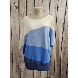 WN Women's Size L Marble Blue White Colorblock Cotton Batwing Knit Sweater EUC